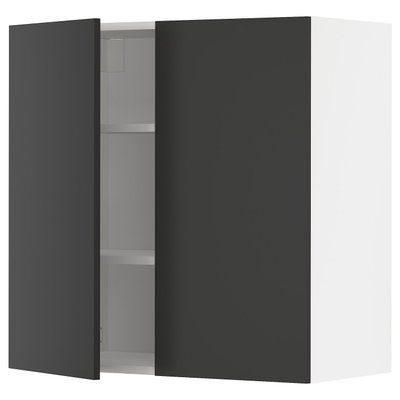 METOD Навісна шафа з полицями/2 дверцята, білий/Nickebo матовий антрацит, 80x80 см 994.979.92 фото