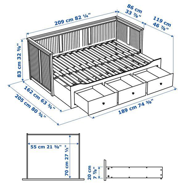 HEMNES Каркас кушетки з 3 ящиками, білий, 80х200 см 903.493.26 фото