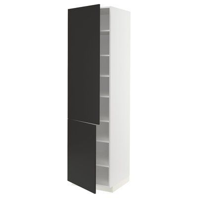 METOD Висока шафа з полицями/2 дверцята, білий/Nickebo матовий антрацит, 60x60x220 см 594.990.02 фото