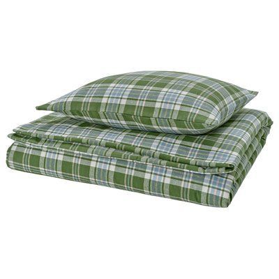 BANBJORNBAR Підковдра та наволочка, темно-зелені/у клітинку, 150x200/50x60 см 406.378.19 фото
